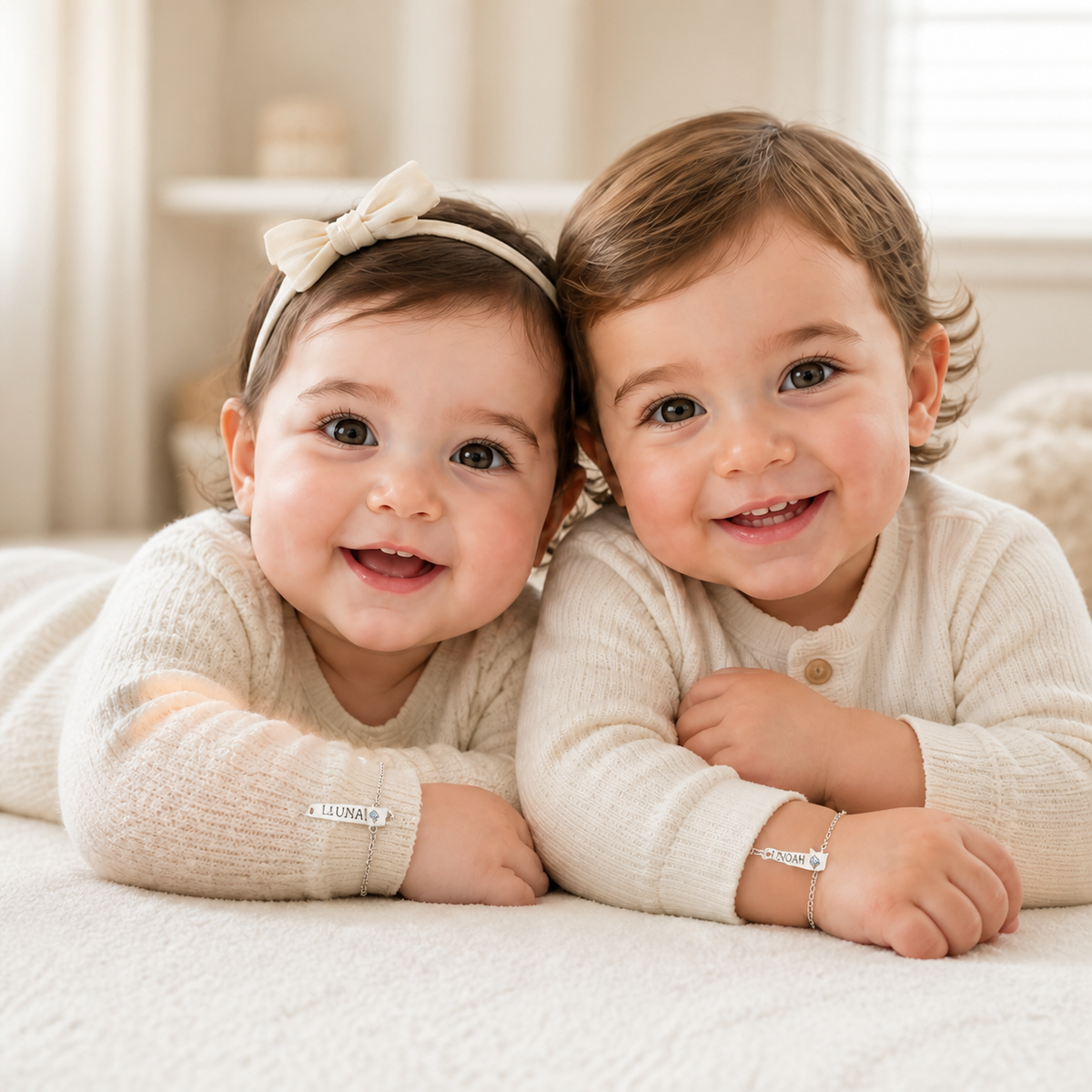 Two babies wearing engraved silver bracelets