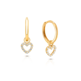 11mm Classic Huggie Hoops with Pavé Heart Dangle, Baby/Children's Earrings - 14K Gold