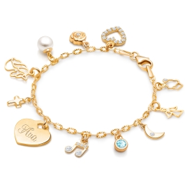 14K Gold Charm Bracelet, Design Your Own Christening/Baptism Baby/Children’s Link Chain Bracelet for Girls (INCLUDES Engraved Heart & Religious Charm)