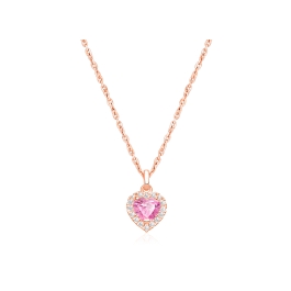 Blissful Heart, Pink/Clear CZ Halo, Teen's Necklace for Girls - 14K Rose Gold