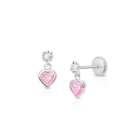 Fearless Heart Dangle, Pink/Clear CZ Baby/Children's Earrings, Screw Back - 14K White Gold