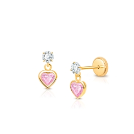 Fearless Heart Dangle, Pink/Clear CZ Teen's Earrings, Screw Back - 14K Gold