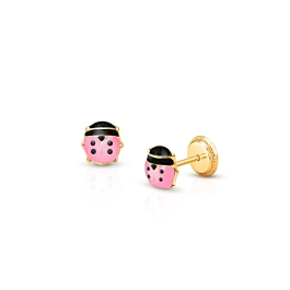 Lil' Ladybug, Pink Enamel, Baby/Children's Earrings, Screw Back - 14K Gold