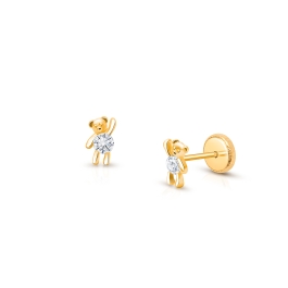 Teddy Bear Bliss, Clear CZ Baby/Children's Earrings, Screw Back - 14K Gold