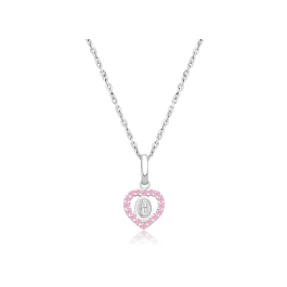 Virgin Mary, Pink CZ Heart Children's Necklace for Girls - 14K White Gold