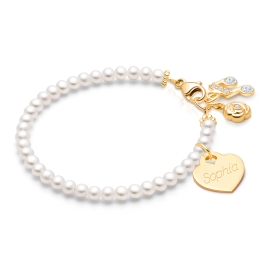 3mm Cultured Pearls, Baby/Children's Beaded Bracelet for Girls (INCLUDES Engraved Charm) - 14K Gold