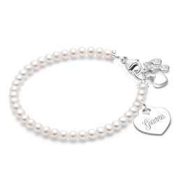 3mm Cultured Pearls, Baby/Children's Beaded Bracelet for Girls (INCLUDES Engraved Charm) - Sterling Silver