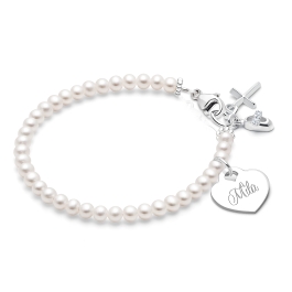 3mm Cultured Pearls, Christening/Baptism Baby/Children's Beaded Bracelet for Girls (INCLUDES Engraved Charm) - Sterling Silver