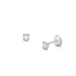 3mm CZ Round Studs, Christening/Baptism Baby/Children's Earrings, Screw Back - 14K White Gold
