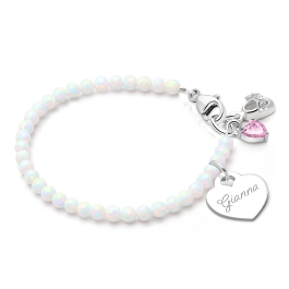 3mm Opals, Lab Created White Opal Baby/Children's Beaded Bracelet for Girls (INCLUDES Engraved Charm) - Sterling Silver