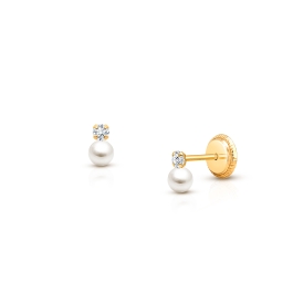 3mm Pearl Drop, Clear CZ Christening/Baptism Baby/Children's Earrings, Screw Back - 14K Gold