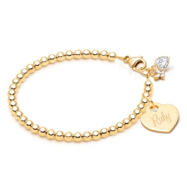 3mm BabyLumina Beads, Baby/Children's Beaded Bracelet for Girls (INCLUDES Engraved Charm) - 14K Gold