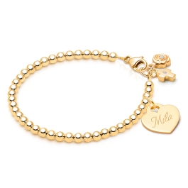 3mm BabyLumina Beads, Christening/Baptism Baby/Children's Beaded Bracelet for Girls (INCLUDES Engravable Charm) - 14K Gold