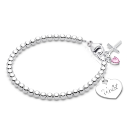 3mm BabyLumina Beads, Christening/Baptism Baby/Children's Beaded Bracelet for Girls (INCLUDES Engraved Charm) - Sterling Silver
