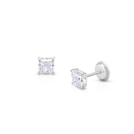 Princess Cut Studs, 4mm Clear CZ Studs, First Holy Communion Children's Earrings, Screw Back - 14K White Gold