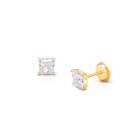 Princess Cut Studs, 4mm Clear CZ Studs, Teen’s Earrings, Screw Back - 14K Gold