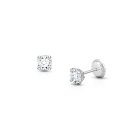 4mm CZ Round Studs, Teen's Earrings, Screw Back - 14K White Gold