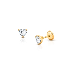 Heart Studs, 4mm Clear CZ Christening/Baptism Baby/Children’s Earrings, Screw Back - 14K Gold