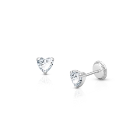 Heart Studs, 4mm Clear CZ Baby/Children’s Earrings, Screw Back - 14K White Gold