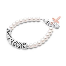 4mm Cultured Pearls, First Holy Communion Name Bracelet for Girls - Sterling Silver