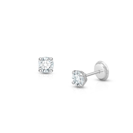4mm CZ Round Studs, Baby/Children's Earrings, Screw Back - 14K White Gold
