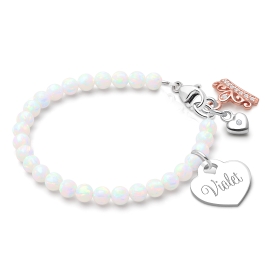 4mm Opals, Lab Created White Opal Baby/Children's Beaded Bracelet for Girls (INCLUDES Engraved Charm) - Sterling Silver