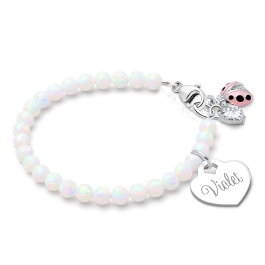 4mm Opals, Lab Created White Opal Teen's Beaded Bracelet for Girls (INCLUDES Engraved Charm) - Sterling Silver