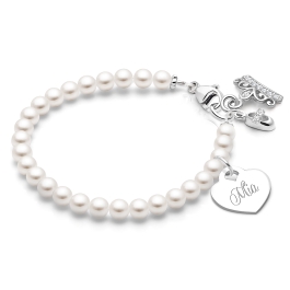 4mm Cultured Pearls, Baby/Children's Beaded Bracelet for Girls (INCLUDES Engraved Charm) - Sterling Silver