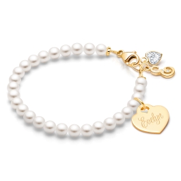 4mm Cultured Pearls, Baby/Children's Beaded Bracelet for Girls (INCLUDES Engraved Charm) - 14K Gold