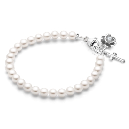 4mm Cultured Pearls, First Holy Communion Beaded Bracelet for Girls - Sterling Silver