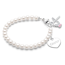 4mm Cultured Pearls, Christening/Baptism Baby/Children's Beaded Bracelet for Girls (INCLUDES Engraved Charm) - Sterling Silver