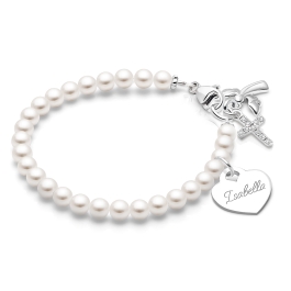 4mm Cultured Pearls, First Holy Communion Beaded Bracelet for Girls (INCLUDES Engraved Charm) - Sterling Silver