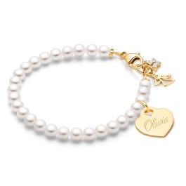 4mm Cultured Pearls, Teen's Beaded Bracelet for Girls (INCLUDES Engraved Charm) - 14K Gold