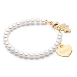 4mm Cultured Pearls, First Holy Communion Beaded Bracelet for Girls (Includes Engraved Charm) - 14K Gold