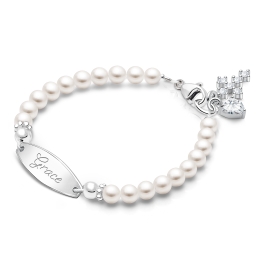 4mm Cultured Pearls, Christening/Baptism Baby/Children's Engraved Bracelet for Girls - Sterling Silver