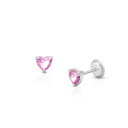 Heart Studs, 4mm Pink CZ Baby/Children’s Earrings, Screw Back - 14K White Gold