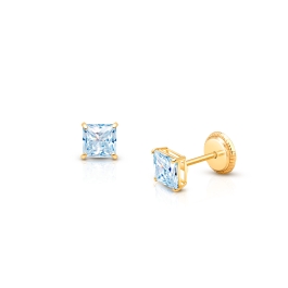 Princess Cut Studs, 4mm Aquamarine CZ Studs, Baby/Children’s Earrings, Screw Back - 14K Gold