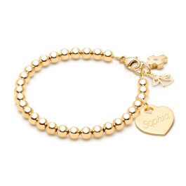4mm BabyLumina Beads, First Holy Communion Beaded Bracelet for Girls (INCLUDES Engraved Charm) - 14K Gold