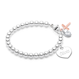 4mm BabyLumina Beads, First Holy Communion Beaded Bracelet for Girls (INCLUDES Engraved Charm) - Sterling Silver