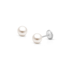 5mm Pearl Studs, First Holy Communion Children's Earrings, Screw Back - 14K White Gold