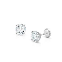 6mm CZ Round Studs, Mother's Earrings, Screw Back - 14K White Gold