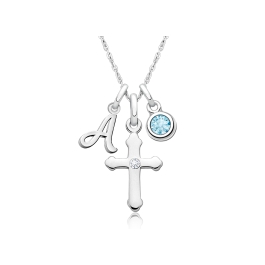 A Child's Faith, Communion Children's Personalized Necklace Set for Girls (Includes Cross, Initial, and Birthstone Charms) - Sterling Silver