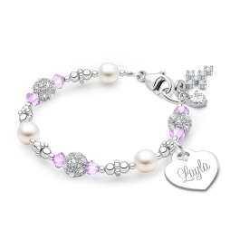 Birthstone, Baby/Children's Beaded Bracelet for Girls (INCLUDES Engraved Charm, All 12 Birthstones Avail) - Sterling Silver