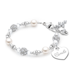 Birthstone, Christening/Baptism Baby/Children's Beaded Bracelet for Girls (INCLUDES Engraved Charm) - Sterling Silver