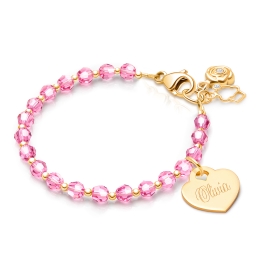 Birthstone Crystal, Baby/Children’s Beaded Bracelet for Girls (Includes Engraved Charm, All 12 Birthstones Avail) - 14K Gold