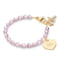 Birthstone Crystal, Teen's Beaded Bracelet for Girls (Includes Engraved Charm, All 12 Birthstones Avail) - 14K Gold