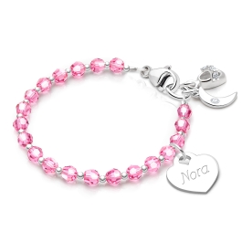 Birthstone Crystal, Baby/Children’s Beaded Bracelet for Girls (INCLUDES Engraved Charm, All 12 Birthstones Avail) - Sterling Silver