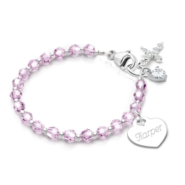 Birthstone Crystal, Teen's Beaded Bracelet for Girls (INCLUDES Engraved Charm, All 12 Birthstones Avail) - Sterling Silver