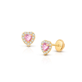 Blissful Heart, Pink/Clear CZ Baby/Children's Earrings, Screw Back - 14K Gold