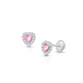 Blissful Heart, Pink/Clear CZ Baby/Children's Earrings, Screw Back - 14K White Gold